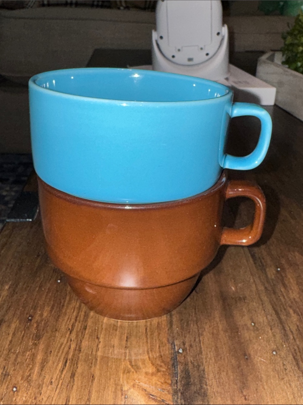 WORLD MARKET Ceramic Blue and Brown Stackable Coffee Tea Mugs cups set of 2